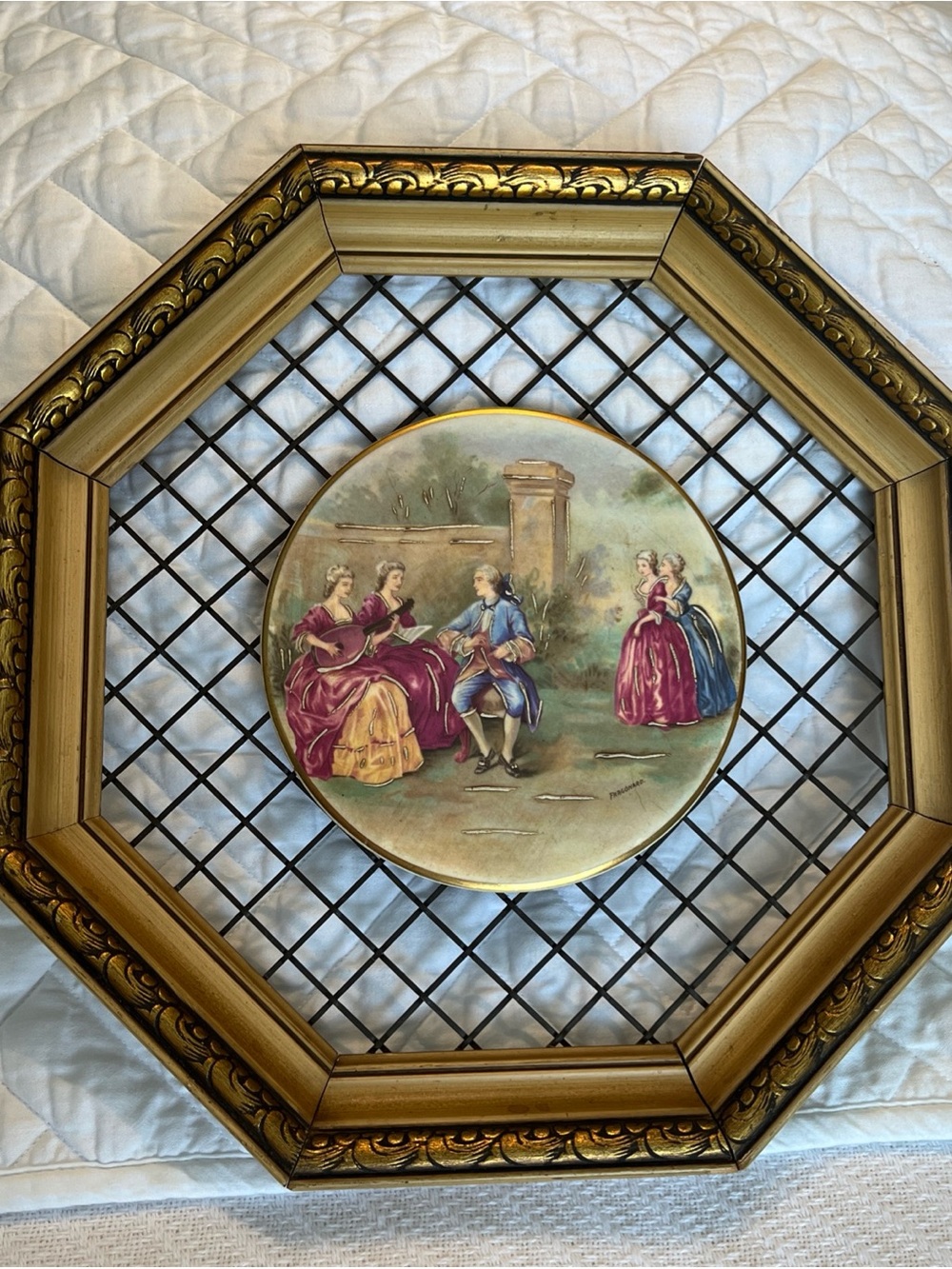 Vintage Fragonard Porcelain Tile with gold frame 12x12
